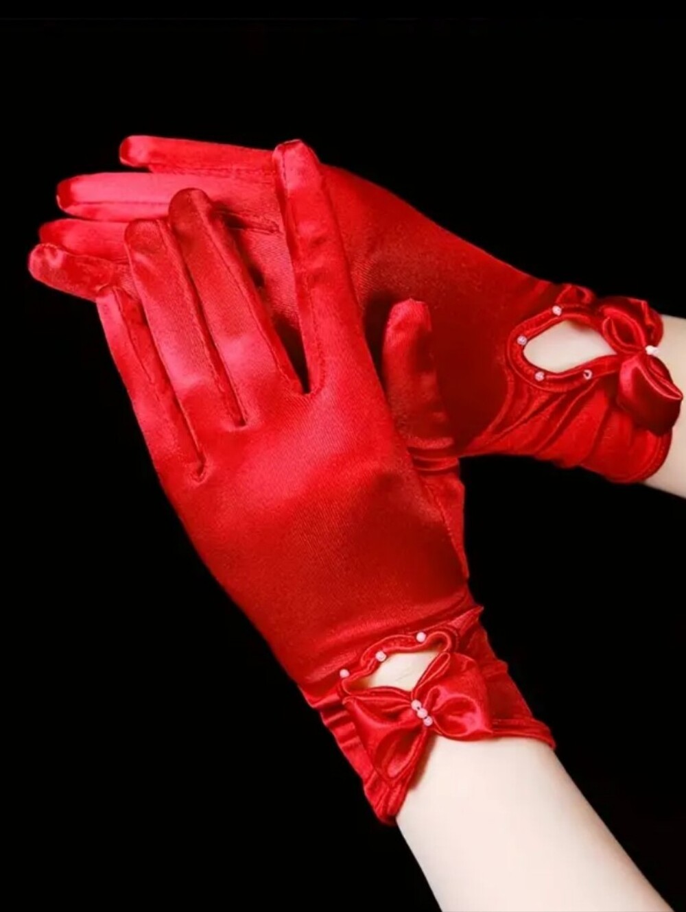 Elegant Red Satin Short Wrist Length Evening Gloves W/Bow & Faux Pearl Detail